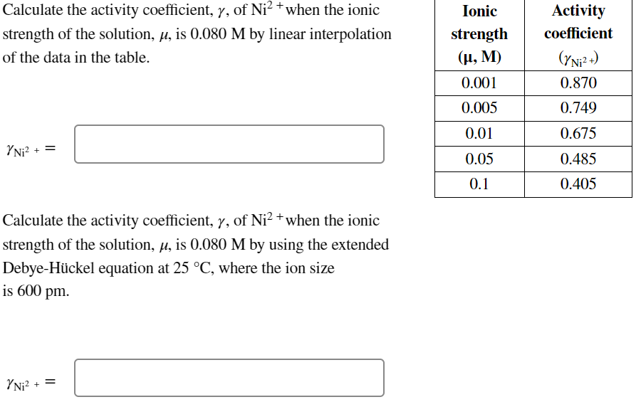 Calculate the activity coefficient, y, of Ni²+when the ionic
strength of the solution, μ, is 0.080 M by linear interpolation
of the data in the table.
YNi² +
=
Calculate the activity coefficient, y, of Ni²+when the ionic
strength of the solution, µ, is 0.080 M by using the extended
Debye-Hückel equation at 25 °C, where the ion size
is 600 pm.
YN₁²
=
+
Ionic
strength
(μ, M)
0.001
0.005
0.01
0.05
0.1
Activity
coefficient
(YN₁²+)
0.870
0.749
0.675
0.485
0.405