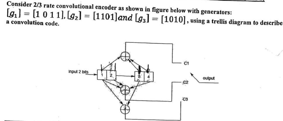 Consider 2/3 rate convolutional encoder as shown in figure below with generators:
[₁] = [1 011], [9₂] = [1101] and [93] = [1010], using a trellis diagram to describe
a convolution code.
Input 2 bits
2
C2
C3
output