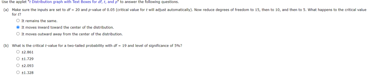 Use the applet "t Distribution graph with Text Boxes for df, t, and p" to answer the following questions.
(a) Make sure the inputs are set to df = 20 and p-value of 0.05 (critical value for t will adjust automatically). Now reduce degrees of freedom to 15, then to 10, and then to 5. What happens to the critical value
for t?
O It remains the same.
O It moves inward toward the center of the distribution.
O It moves outward away from the center of the distribution.
(b) What is the critical t-value for a two-tailed probability with df = 19 and level of significance of 5%?
O +2.861
O +1.729
O ±2.093
O +1.328
