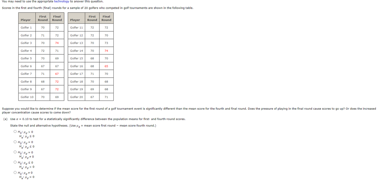 You may need to use the appropriate technology to answer this question.
Scores in the first and fourth (final) rounds for a sample of 20 golfers who competed in golf tournaments are shown in the following table.
First
Final
First
Final
Player
Round
Round
Player
Round
Round
Golfer 1
70
72
Golfer 11
72
72
Golfer 2
71
72
Golfer 12
72
70
Golfer 3
70
74
Golfer 13
70
73
Golfer 4
72
71
Golfer 14
70
74
Golfer 5
70
69
Golfer 15
68
70
Golfer 6
67
67
Golfer 16
68
65
Golfer 7
71
67
Golfer 17
71
70
Golfer 8
68
72
Golfer 18
70
68
Golfer 9
67
72
Golfer 19
69
68
Golfer 10
70
69
Golfer 20
67
71
Suppose you would like to determine if the mean score for the first round of a golf tournament event is significantly different than the mean score for the fourth and final round. Does the pressure of playing in the final round cause scores to go up? Or does the increased
player concentration cause scores to come down?
(a) Use a = 0.10 to test for a statistically significantly difference between the population means for first- and fourth-round scores.
State the null and alternative hypotheses. (Use u, = mean score first round - mean score fourth round.)
O Ho: Hd>0
O Ho: Hd = 0
O Hoi Hd = 0
05 Pri :°H O
O Ho: Hd#0
Hai Hg= 0
