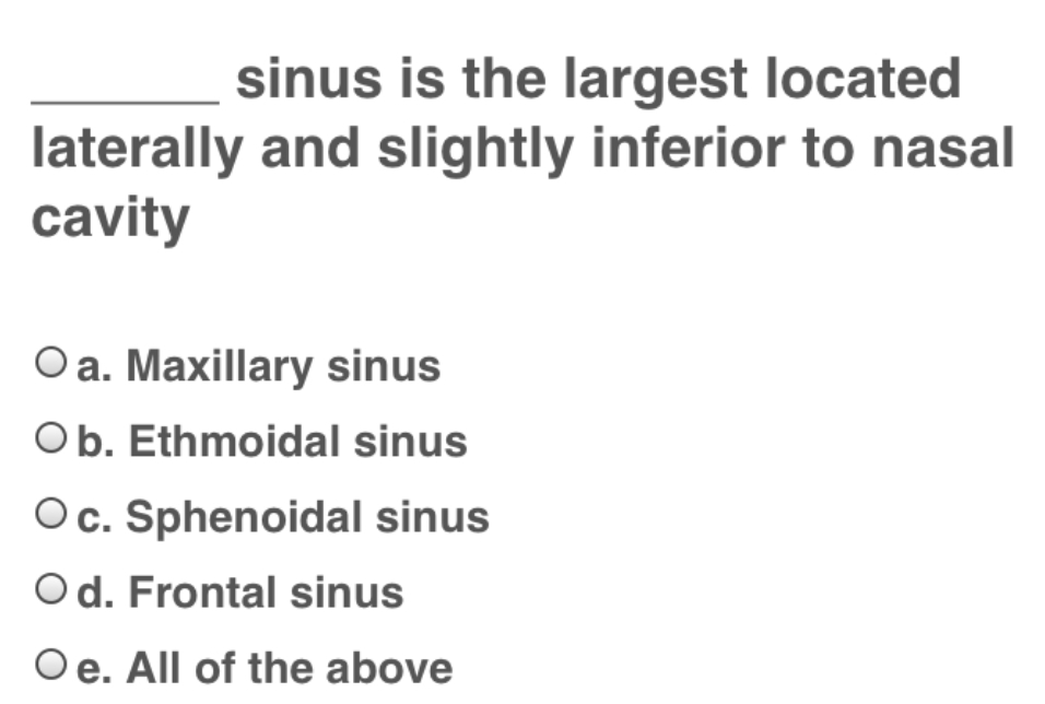 sinus is the largest located
laterally and slightly inferior to nasal
cavity
O a. Maxillary sinus
Ob. Ethmoidal sinus
Oc. Sphenoidal sinus
Od. Frontal sinus
Oe. All of the above
