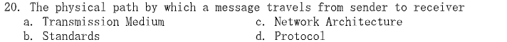 20. The physical path by which a message travels from sender to receiver
a. Transmission Medium
c. Network Architecture
b. Standards
d. Protocol