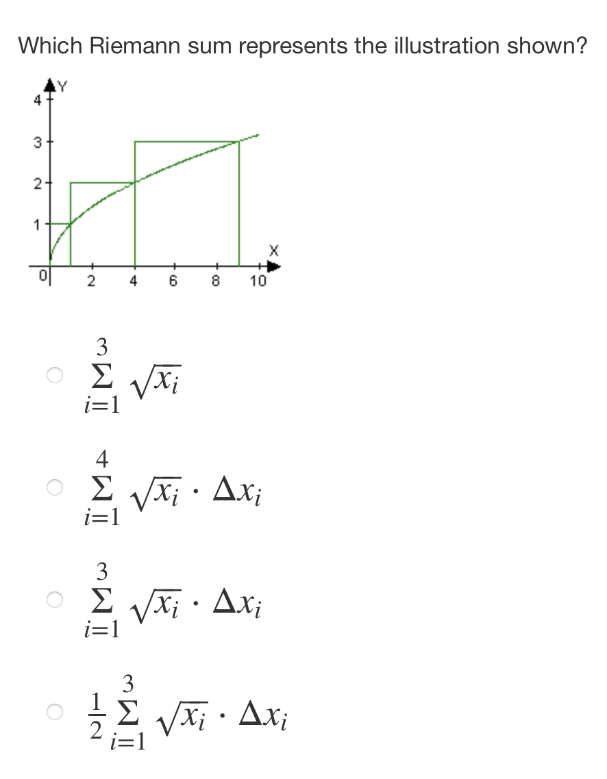 Which Riemann sum represents the illustration shown?
Y
4
3
-
2-
1
Μ
2
IMW
4
Σ
-2
6
να
4
Συνα· Δxi
i=1
3
Συναι· Δxi
3
8 10
να · Δι
Xi