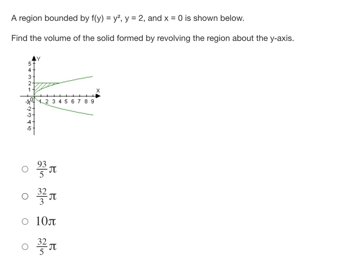 ### Finding the Volume of a Solid Formed by Revolution

#### Problem:
A region bounded by \( f(y) = y^2 \), \( y = 2 \), and \( x = 0 \) is shown below.

Find the volume of the solid formed by revolving the region about the y-axis.

![Graph of the Region](https://example.com/graph)

#### Graph Explanation:
The graph displays the parabola \( f(y) = y^2 \) in the xy-plane. The region of interest is bounded by the line \( y = 2 \) and the y-axis (\( x = 0 \)).

- The x-axis and y-axis are both labeled. 
- The parabola \( y^2 = x \) is outlined in green, extending into positive x and y quadrants.
- The horizontal line \( y = 2 \) intersects the parabola.
- The shaded region represents the area that will be revolved about the y-axis to form the solid.

#### Choices for the Volume:
- \( \frac{93}{5} \pi \)
- \( \frac{32}{3} \pi \)
- \( 10 \pi \)
- \( \frac{32}{5} \pi \)