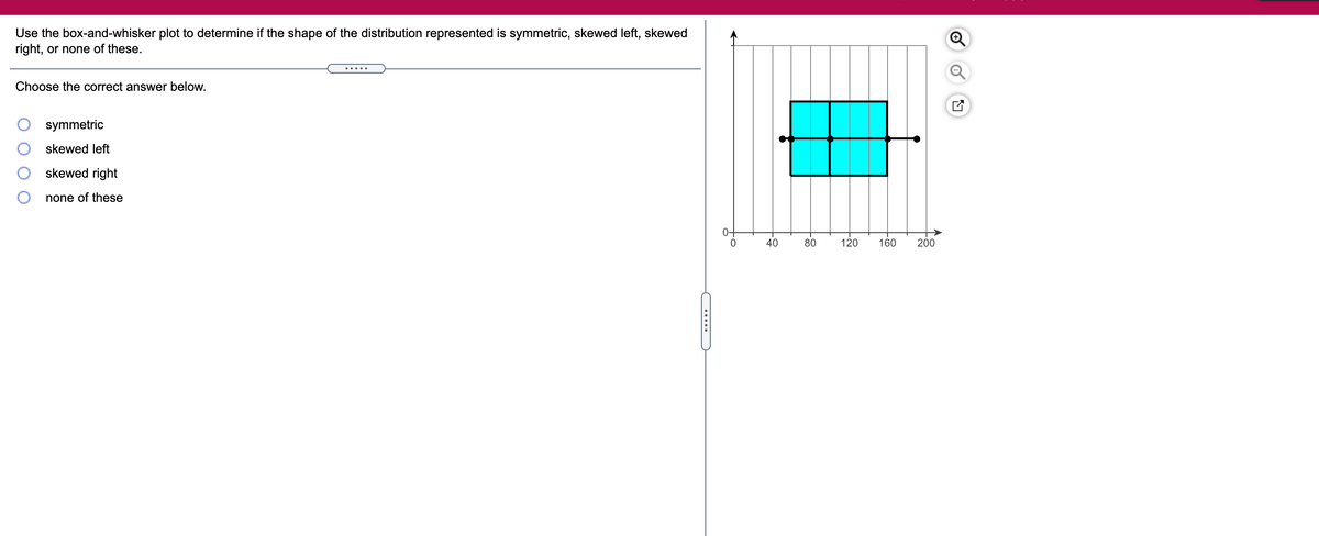 Use the box-and-whisker plot to determine if the shape of the distribution represented is symmetric, skewed left, skewed
right, or none of these.
.....
Choose the correct answer below.
symmetric
skewed left
skewed right
none of these
0-
40
80
120
160
200
