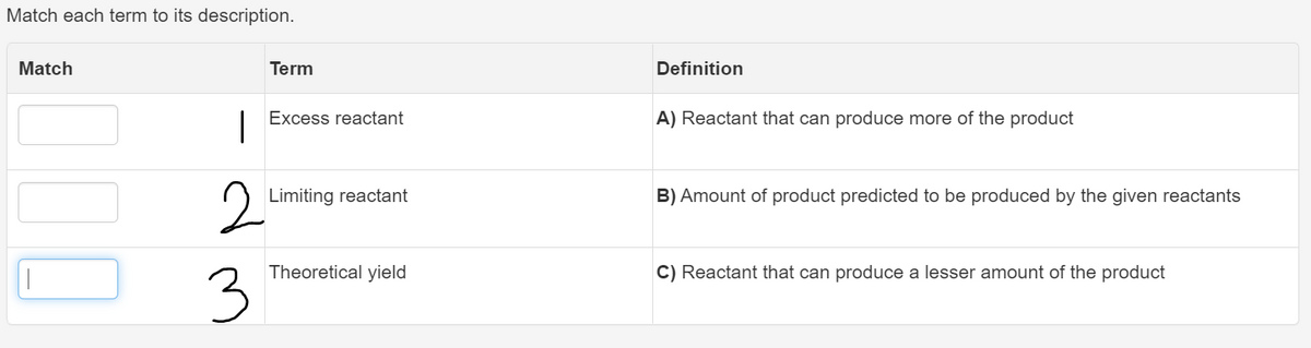 Match each term to its description.
Match
Term
Definition
Excess reactant
A) Reactant that can produce more of the product
2
Limiting reactant
B) Amount of product predicted to be produced by the given reactants
Theoretical yield
C) Reactant that can produce a lesser amount of the product
3.
