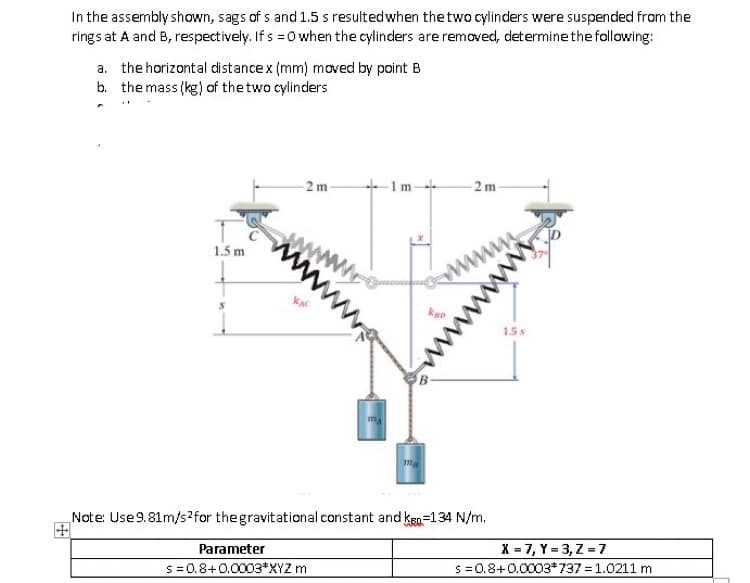 In the assembly shown, sags of s and 1.5 s resultedwhen the two cylinders were suspended from the
rings at A and B, respectively. If s = 0 when the cylinders are removed, determine the following:
a. the horizontal distancex (mm) moved by point B
b. the mass (kg) of the two cylinders
- 2 m
+ 1m-
2 m
www
1.5 m
wwwww
ka
15s
Note: Use9.81m/s?for thegravitational constant and ken=134 N/m.
X = 7, Y = 3, Z = 7
s =0.8+0.0003*737%=1.0211 m
Parameter
s=0.8+0.0003*XYZ m
