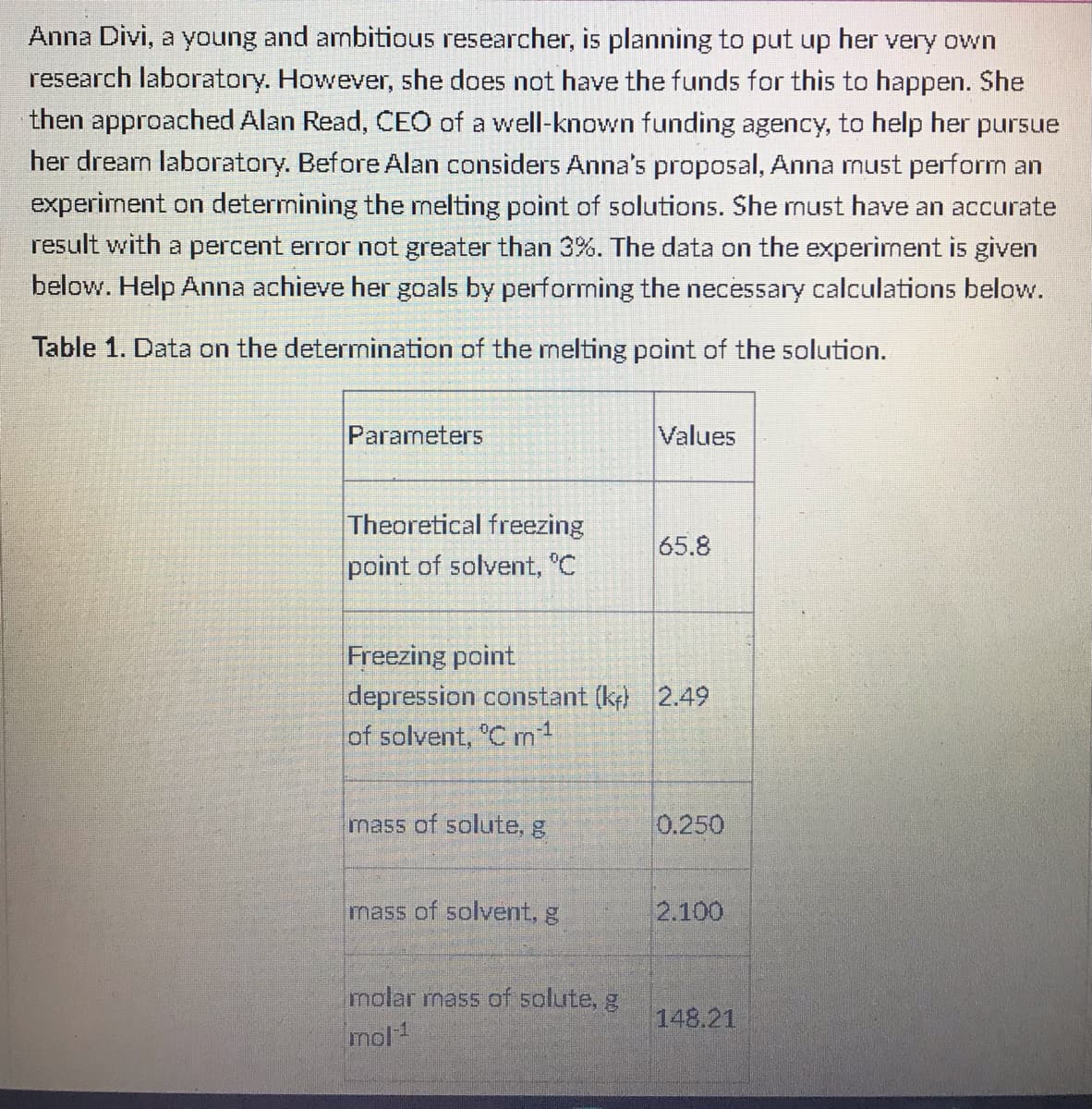 Anna Divi, a young and ambitious researcher, is planning to put up her very own
research laboratory. However, she does not have the funds for this to happen. She
then approached Alan Read, CEO of a well-known funding agency, to help her pursue
her dream laboratory. Before Alan considers Anna's proposal, Anna must perform an
experiment on determining the melting point of solutions. She nust have an accurate
result with a percent error not greater than 3%. The data on the experiment is given
below. Help Anna achieve her goals by performing the necessary calculations below.
Table 1. Data on the determnination of the melting point of the solution.
Parameters
Values
Theoretical freezing
point of solvent, °C
65.8
Freezing point
depression constant (k 2.49
of solvent, °C m1
mass of solute, g
0.250
mass of solvent, g
2.100
molar mass of solute, g
mol1
148.21
