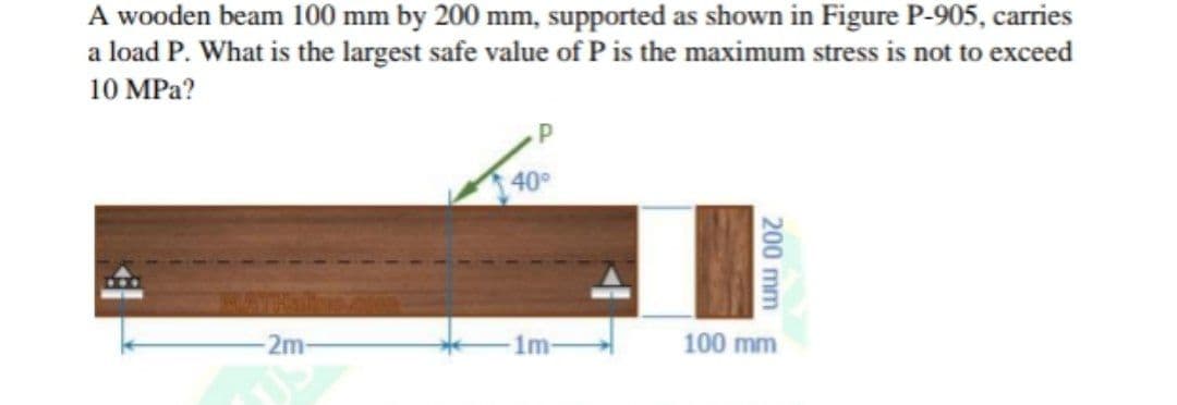 A wooden beam 100 mm by 200 mm, supported as shown in Figure P-905, carries
a load P. What is the largest safe value of P is the maximum stress is not to exceed
10 MPa?
I as
40°
2m
1m-
100 mm
200 mm
