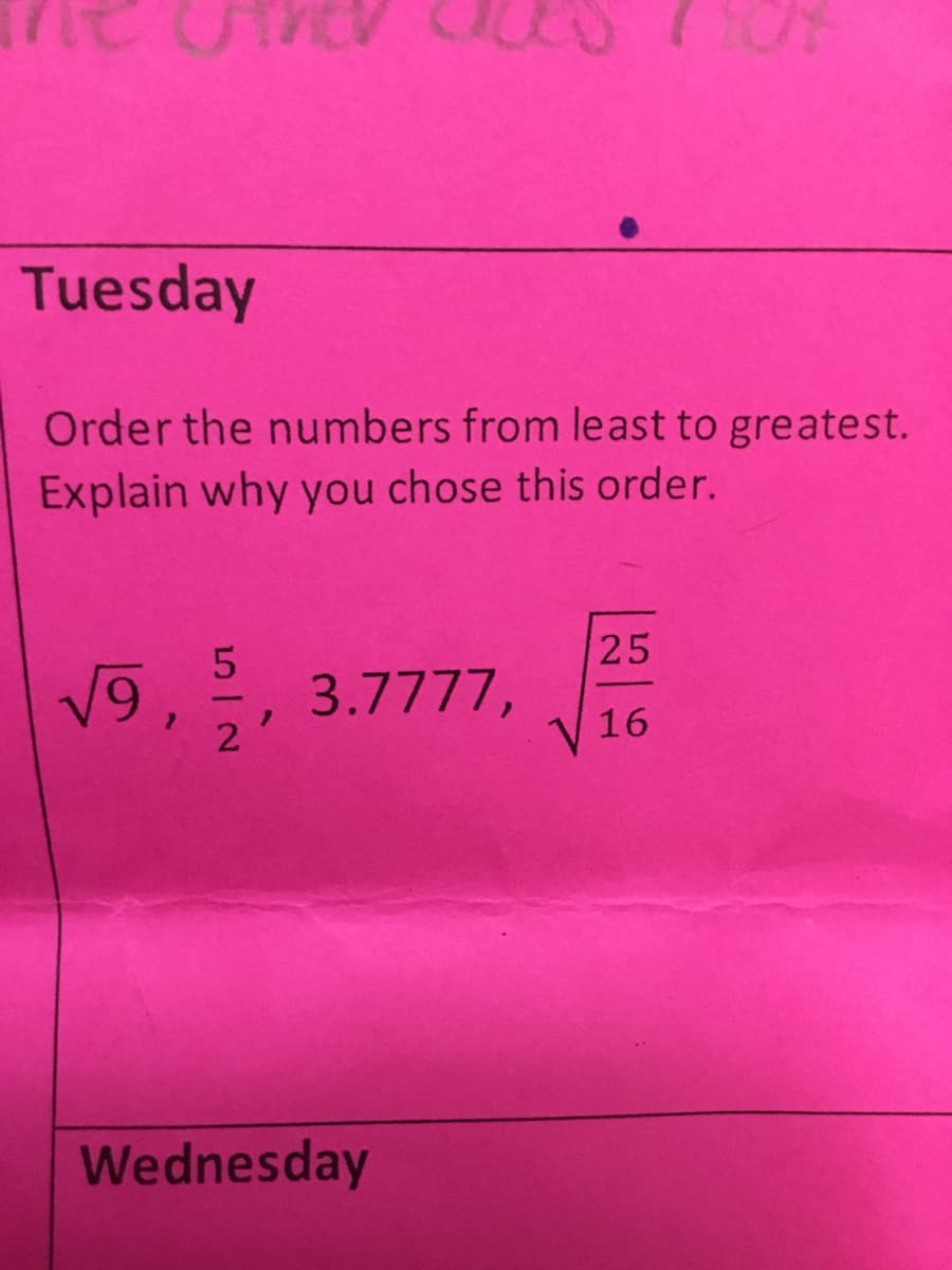 Tuesday
Order the numbers from least to greatest.
Explain why you chose this order.
√9,
5
25
3.7777,
2
V16
Wednesday