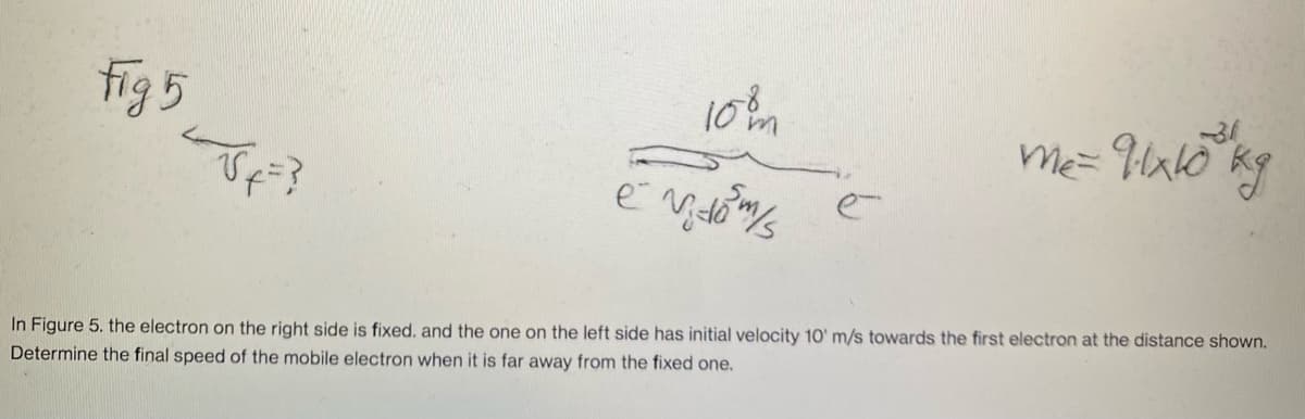 fig 5
Me=
In Figure 5. the electron on the right side is fixed. and the one on the left side has initial velocity 10' m/s towards the first electron at the distance shown.
Determine the final speed of the mobile electron when it is far away from the fixed one.
