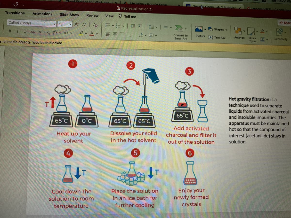 Tue 10:22
rage for Work and
A My Drive Google Drive
=Oroanie Chem Lab 2 Purifvine
Grecovenh -Google Sea
1 Recrystallization(1)
Transitions
Animations
Slide Show
Review
View
O Tell me
A Share
Calibri (Body)
18
v A A
A
1三v
Shapes v
B
IU ab x
x. AV Aa v
三三三| 申。
Convert to
SmartArt
Picture TA Text Box
Arrange
Quick
Styles
Sensitivity
rnal media objects have been blocked
Hot gravity filtration is a
technique used to separate
liquids from activated charcoal
and insoluble impurities. The
65°C
apparatus must be maintained
hot so that the compound of
interest (acetanilide) stays in
65°C
O°C
65°C
65°C
Add activated
Heat up your
Dissolve your solid
charcoal and filter it
solvent
in the hot solvent
out of the solution
solution.
6.
Enjoy your
newly formed
crystals
Cool down the
Place the solution
solution to room
in an ice bath for
further cooling
temperature
