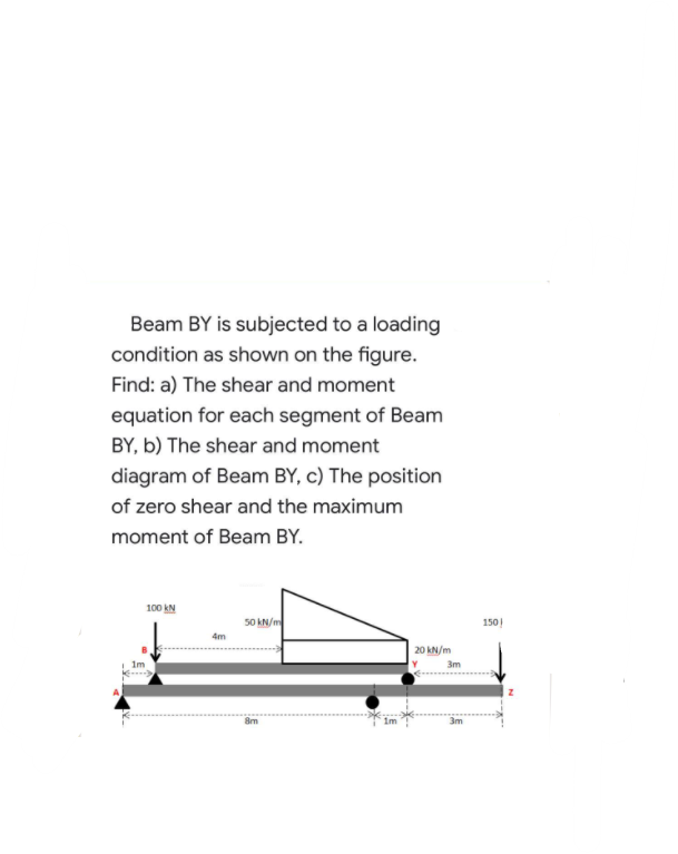 Beam BY is subjected to a loading
condition as shown on the figure.
Find: a) The shear and moment
equation for each segment of Beam
BY, b) The shear and moment
diagram of Beam BY, c) The position
of zero shear and the maximum
moment of Beam BY.
100 kN
50 KN/m
150!
4m
20 kN/m
im
3m
