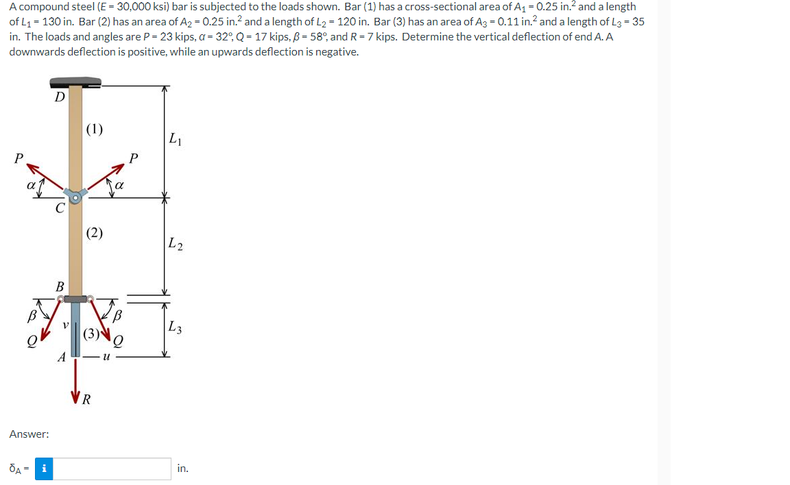 A compound steel (E = 30,000 ksi) bar is subjected to the loads shown. Bar (1) has a cross-sectional area of A₁ = 0.25 in.² and a length
of L₁ = 130 in. Bar (2) has an area of A₂ = 0.25 in.² and a length of L₂ = 120 in. Bar (3) has an area of A3 = 0.11 in.² and a length of L3 = 35
in. The loads and angles are P = 23 kips, a = 32°, Q=17 kips, B = 58°, and R = 7 kips. Determine the vertical deflection of end A. A
downwards deflection is positive, while an upwards deflection is negative.
D
(1)
L₁
Answer:
ŌA = i
B
A
(2)
(3)
R
U
a
В
P
L2
L3
in.