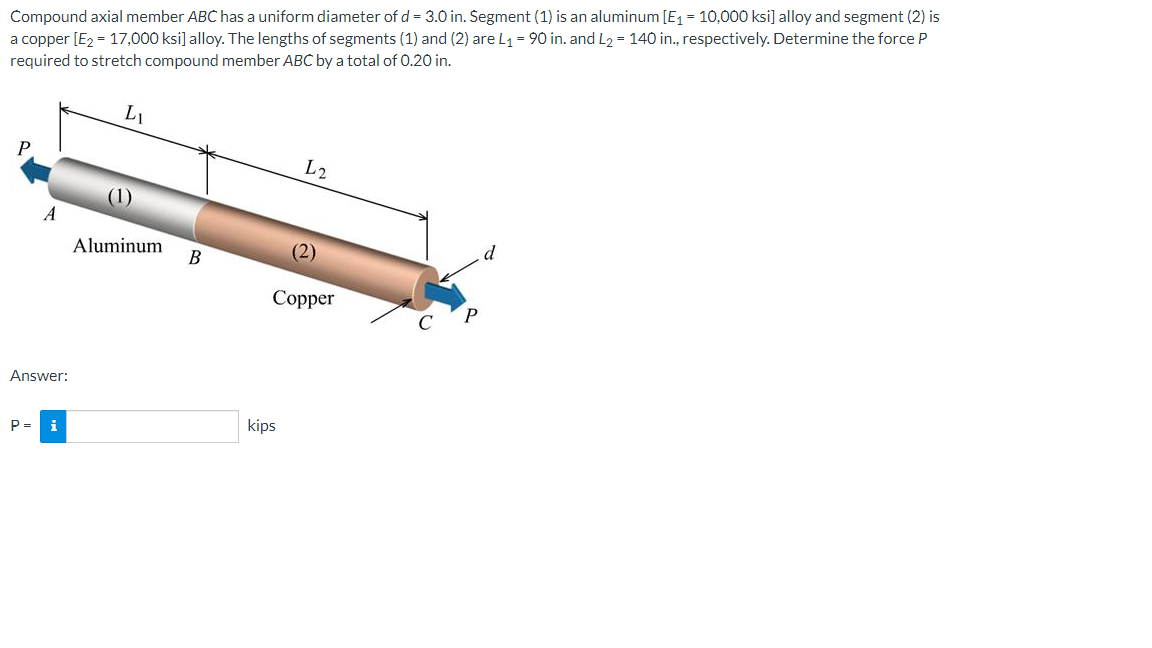 Compound axial member ABC has a uniform diameter of d = 3.0 in. Segment (1) is an aluminum [E₁ = 10,000 ksi] alloy and segment (2) is
a copper [E₂ = 17,000 ksi] alloy. The lengths of segments (1) and (2) are L₁ = 90 in. and L₂ = 140 in., respectively. Determine the force P
required to stretch compound member ABC by a total of 0.20 in.
L₁
L2
A
(2)
Copper
Answer:
P =
i
(1)
Aluminum B
kips