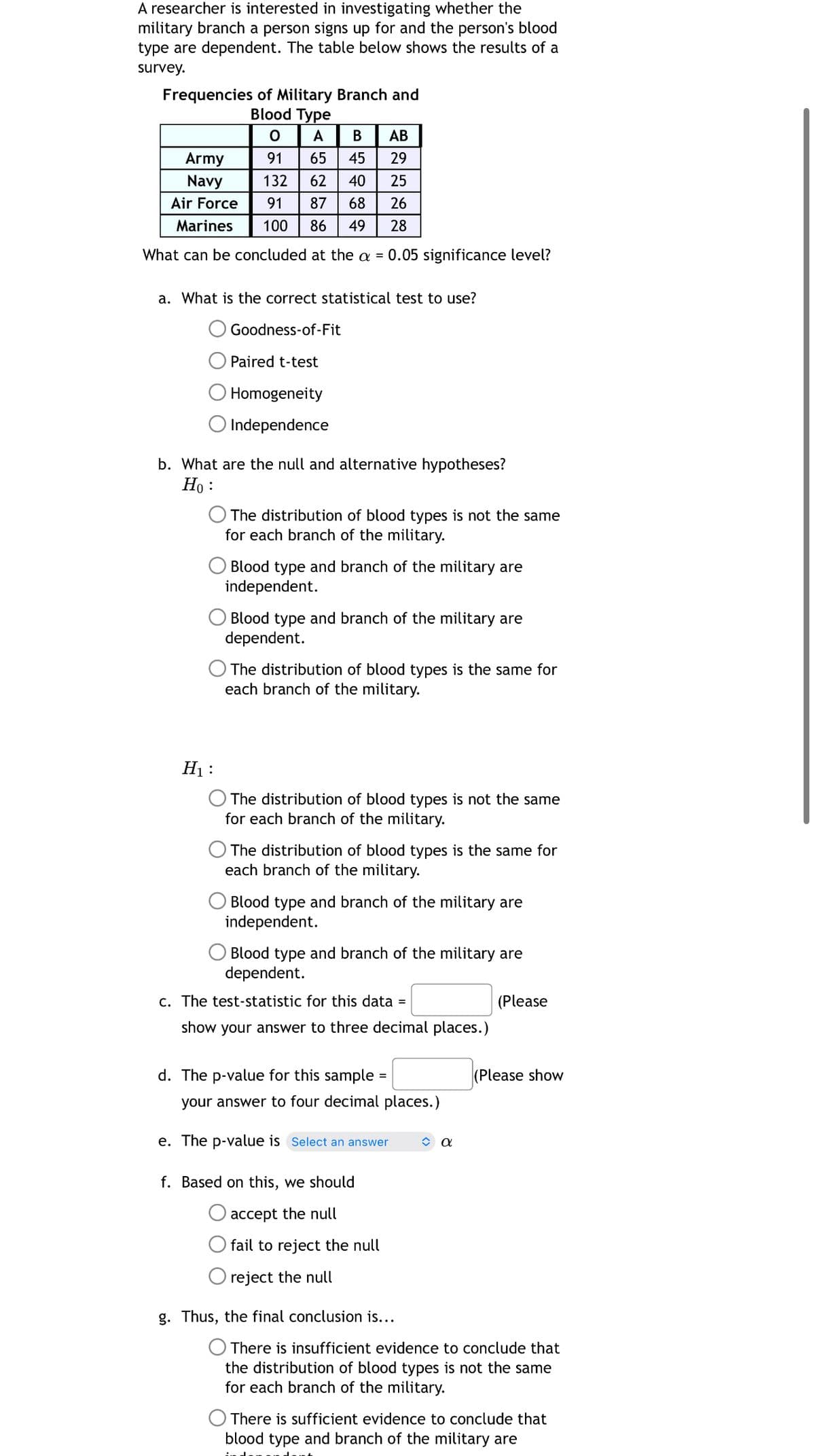 A researcher is interested in investigating whether the
military branch a person signs up for and the person's blood
type are dependent. The table below shows the results of a
survey.
Frequencies of Military Branch and
Blood Type
O
A
B
AB
Army
91
65
45
29
Navy
132
62
40
25
Air Force
91
87
68
26
Marines
100
86
49
28
What can be concluded at the α = 0.05 significance level?
a. What is the correct statistical test to use?
Goodness-of-Fit
Paired t-test
Homogeneity
Independence
b. What are the null and alternative hypotheses?
Ho:
O The distribution of blood types is not the same
for each branch of the military.
Blood type and branch of the military are
independent.
Blood type and branch of the military are
dependent.
The distribution of blood types is the same for
each branch of the military.
H₁:
O The distribution of blood types is not the same
for each branch of the military.
The distribution of blood types is the same for
each branch of the military.
Blood type and branch of the military are
independent.
Blood type and branch of the military are
dependent.
c. The test-statistic for this data =
show your answer to three decimal places.)
(Please
d. The p-value for this sample =
(Please show
your answer to four decimal places.)
e. The p-value is Select an answer ✰ α
f. Based on this, we should
accept the null
fail to reject the null
reject the null
g. Thus, the final conclusion is...
There is insufficient evidence to conclude that
the distribution of blood types is not the same
for each branch of the military.
There is sufficient evidence to conclude that
blood type and branch of the military are