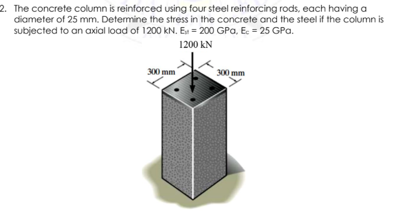 2. The concrete column is reinforced using four steel reinforcing rods, each having a
diameter of 25 mm. Determine the stress in the concrete and the steel if the column is
subjected to an axial load of 1200 kN. Est = 200 GPa, Ec = 25 GPa.
1200 kN
300 mm
300 mm
