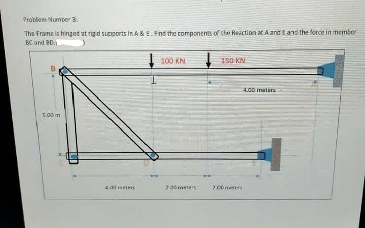 Problem Number 3:
The Frame is hinged at rigid supports in A & E. Find the components of the Reaction at A and E and the force in member
BC and BD.
100 KN
150 KN
4.00 meters
5.00 m
4.00 meters
2.00 meters
2.00 meters
