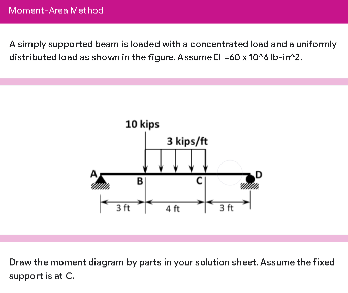 Moment-Area Method
A simply supported beam is loaded with a concentrated load and a uniformly
distributed load as shown in the figure. Assume El =60 x 10^6 Ib-in^2.
10 kips
Tim
3 kips/ft
A
B
3 ft
4 ft
3 ft
Draw the moment diagram by parts in your solution sheet. Assume the fixed
support is at C.
