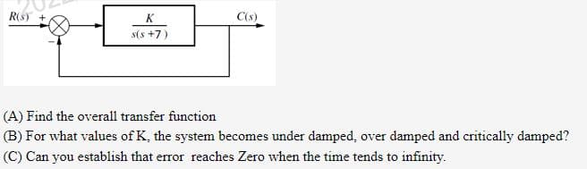 R(S) +
K
C(s)
s(s+7)
(A) Find the overall transfer function
(B) For what values of K, the system becomes under damped, over damped and critically damped?
(C) Can you establish that error reaches Zero when the time tends to infinity.