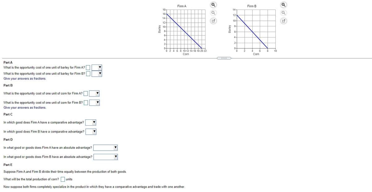 Firm A
Firm B
18-
14-
16
14-
12
10-
12
8
10-
B.
8-
6-
4-
2-
2-
10 12 14 16 18 20 22
10
Corn
Corn
Part A
What is the opportunity cost of one unit of barley for Firm A?O
What is the opportunity cost of one unit of barley for Firm B?
Give your answers as fractions.
Part B
What is the opportunity cost of one unit of corn for Firm A?
What is the opportunity cost of one unit of corn for Firm B?
Give your answers as fractions.
Part C
In which good does Firm A have a comparative advantage?
In which good does Firm B have a comparative advantage?
Part D
In what good or goods does Firm A have an absolute advantage?
In what good or goods does Firm B have an absolute advantage?
Part E
Suppose Firm A and Firm B divide their time equally between the production of both goods.
What will be the total production of corn?
units
Now suppose both firms completely specialize in the product in which they have a comparative advantage and trade with one another.
