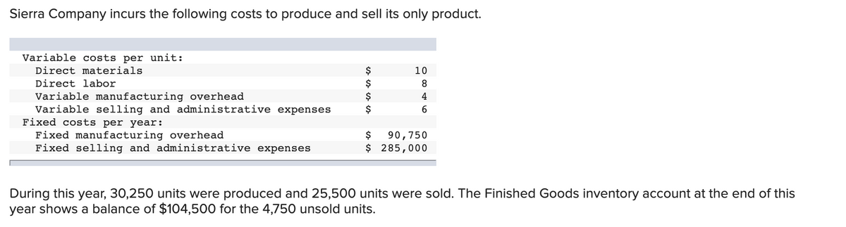 Sierra Company incurs the following costs to produce and sell its only product.
Variable costs per unit:
Direct materials
$
$
$
$
10
Direct labor
8
Variable manufacturing overhead
Variable selling and administrative expenses
Fixed costs per year:
4
Fixed manufacturing overhead
Fixed selling and administrative expenses
$
90,750
$ 285,000
During this year, 30,250 units were produced and 25,500 units were sold. The Finished Goods inventory account at the end of this
year shows a balance of $104,500 for the 4,750 unsold units.
