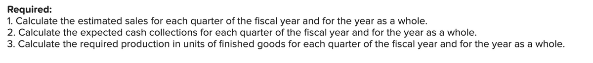 Required:
1. Calculate the estimated sales for each quarter of the fiscal year and for the year as a whole.
2. Calculate the expected cash collections for each quarter of the fiscal year and for the year as a whole.
3. Calculate the required production in units of finished goods for each quarter of the fiscal year and for the year as a whole.
