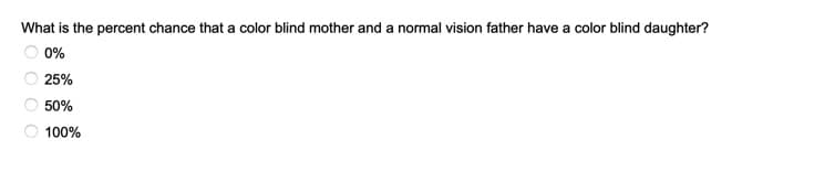 What is the percent chance that a color blind mother and a normal vision father have a color blind daughter?
0%
25%
50%
100%
