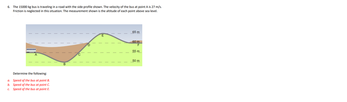 6. The 15000 kg bus is traveling in a road with the side profile shown. The velocity of the bus at point A is 27 m/s.
Friction is neglected in this situation. The measurement shown is the altitude of each point above sea level.
65 m
60 m
F
.----.
55 m
50 m
B
Determine the following:
a. Speed of the bus at point B.
b. Speed of the bus at point C.
c. Speed of the bus at point E.
