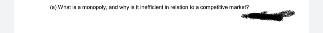 (a) What is a monopoly, and why is it inefficient in relation to a competitive market?
