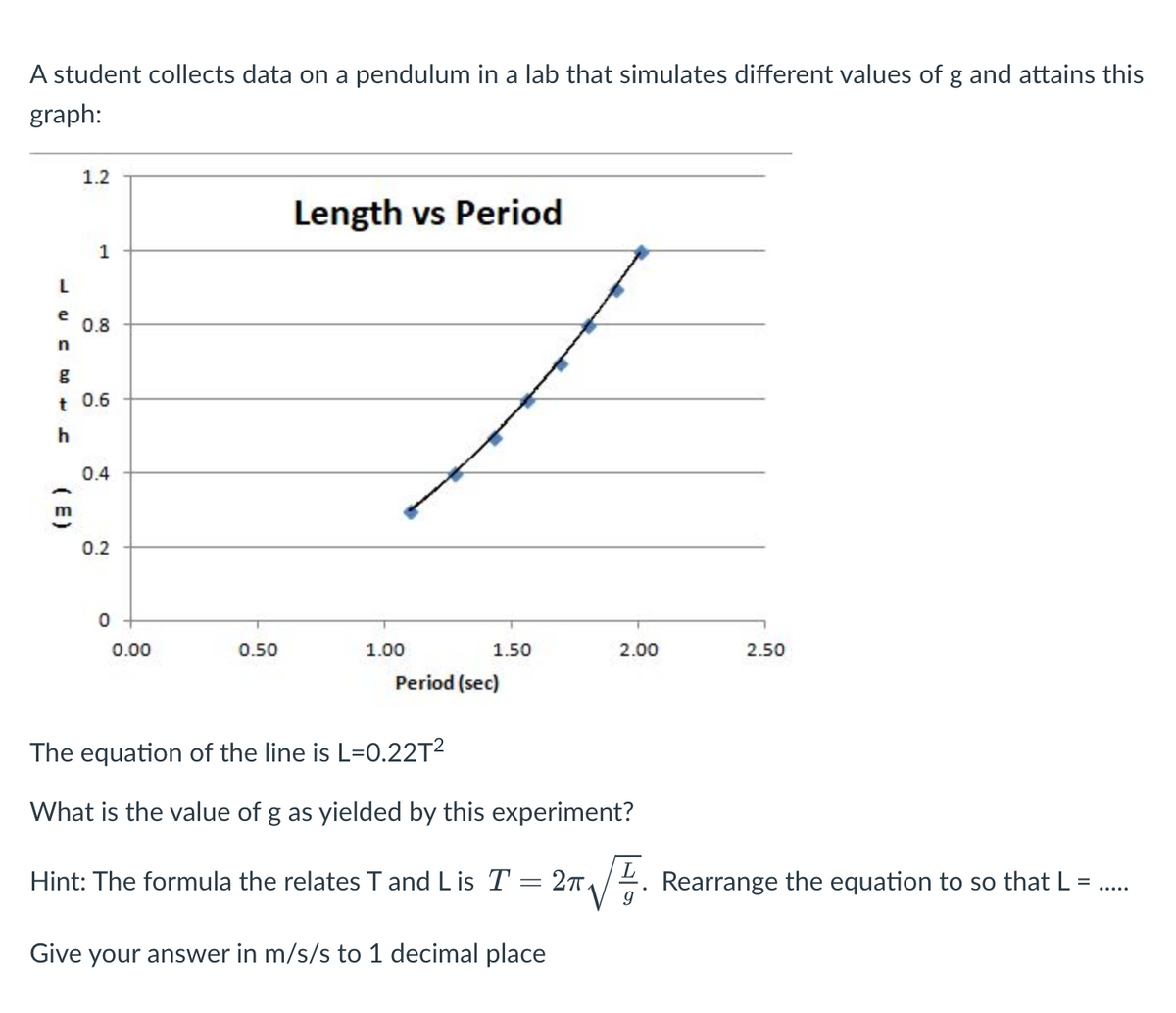 A student collects data on a pendulum in a lab that simulates different values of g and attains this
graph:
L
e
n
(E)
1.2
m
1
g
t 0.6
h
0.8
0.4
0.2
0
0.00
0.50
Length vs Period
1.00
1.50
Period (sec)
The equation of the line is L=0.22T²
What is the value of g as yielded by this experiment?
Hint: The formula the relates T and Lis T
—
Give your answer in m/s/s to 1 decimal place
2.00
2π
g
2.50
Rearrange the equation to so that L = ....