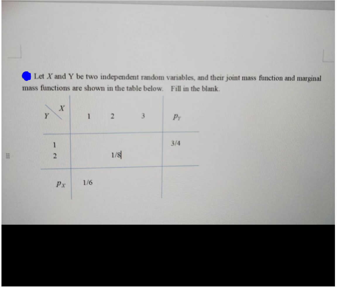 11:
Let X and Y be two independent random variables, and their joint mass function and marginal
mass functions are shown in the table below. Fill in the blank.
Y
1
2
X
Px
1/6
2
1/8
3
Pr
3/4