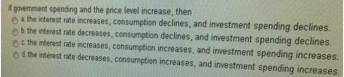 if government spending and the price level increase, then
a. the interest rate increases, consumption declines, and investment spending declines.
b. the interest rate decreases, consumption declines, and investment spending declines.
c. the interest rate increases, consumption increases, and investment spending increases.
d. the interest rate decreases, consumption increases, and investment spending increases.