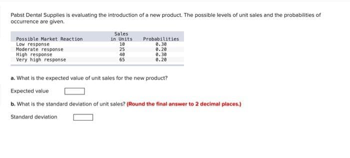 Pabst Dental Supplies is evaluating the introduction of a new product. The possible levels of unit sales and the probabilities of
occurrence are given.
Possible Market Reaction
Low response
Moderate response
High response
Very high response
Sales
in Units.
10
25
40
65
Probabilities
0.30
0.20
0.30
0.20
a. What is the expected value of unit sales for the new product?
Expected value
b. What is the standard deviation of unit sales? (Round the final answer to 2 decimal places.)
Standard deviation