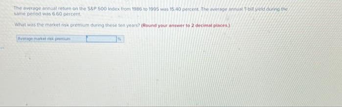 The average annual return on the S&P 500 Index from 1986 to 1995 was 15.40 percent. The average annual T-bill yield during the
same period was 6.60 percent.
What was the market risk premium during these ten years? (Round your answer to 2 decimal places.)
Average market rink premium