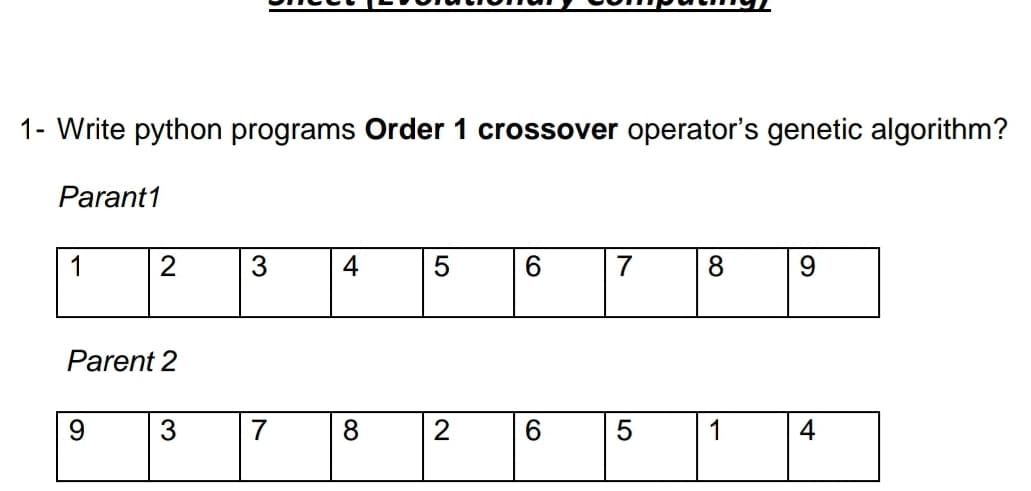 1- Write python programs Order 1 crossover operator's genetic algorithm?
Parant1
1
2
3
4
5
6.
7
8
Parent 2
3
7
8
2
6
1
4
LO
