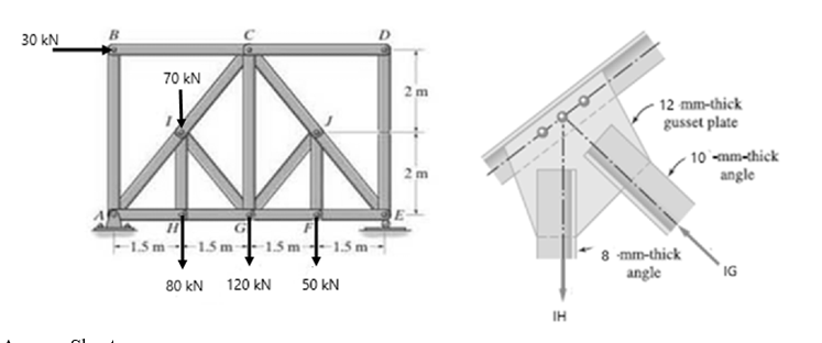 30 kN
70 kN
2 m
- 12 mm-thick
gusset plate
10 -mm-thick
angle
2 m
1.5 m-15 m-† 1.5 m -- 1.5 m-
8 mm-thick
angle
IG
80 kN 120 kN
50 kN
IH
