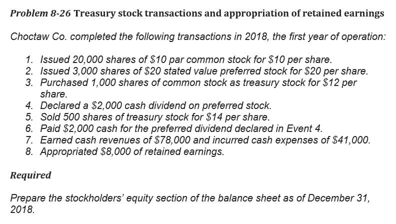 Problem 8-26 Treasury stock transactions and appropriation of retained earnings
Choctaw Co. completed the following transactions in 2018, the first year of operation:
1. Issued 20,000 shares of $10 par common stock for $10 per share.
2. Issued 3,000 shares of $20 stated value preferred stock for $20 per share.
3. Purchased 1,000 shares of common stock as treasury stock for $12 per
share.
4. Declared a $2,000 cash dividend on preferred stock.
5. Sold 500 shares of treasury stock for $14 per share.
6. Paid $2,000 cash for the preferred dividend declared in Event 4.
7. Earned cash revenues of $78,000 and incurred cash expenses of $41,000.
8. Appropriated $8,000 of retained earnings.
Required
Prepare the stockholders' equity section of the balance sheet as of December 31,
2018.