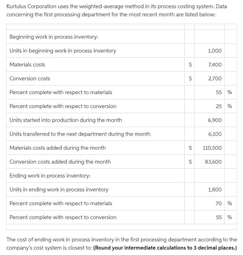 Kurtulus Corporation uses the weighted-average method in its process costing system. Data
concerning the first processing department for the most recent month are listed below:
Beginning work in process inventory:
Units in beginning work in process inventory
Materials costs
Conversion costs
Percent complete with respect to materials
Percent complete with respect to conversion
Units started into production during the month
Units transferred to the next department during the month
Materials costs added during the month
Conversion costs added during the month
Ending work in process inventory:
Units in ending work in process inventory
Percent complete with respect to materials
Percent complete with respect to conversion
S
$
$
S
1,000
7,400
2,700
55 %
25 %
6,900
6,100
110,500
83,600
1,800
70 %
55 %
The cost of ending work in process inventory in the first processing department according to the
company's cost system is closest to: (Round your intermediate calculations to 3 decimal places.)