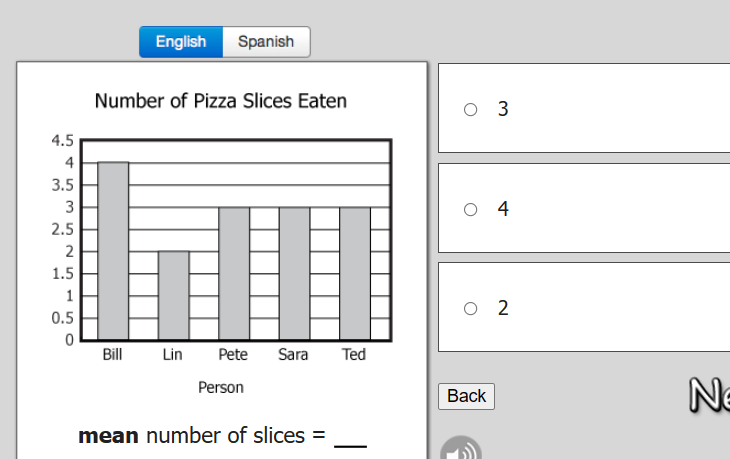 4.5
4
3.5
3
2.5
2
1.5
1
0.5
0
English Spanish
Number of Pizza Slices Eaten
Bill
Lin Pete Sara Ted
Person
mean number of slices =
O 3
04
02
Back
Ne