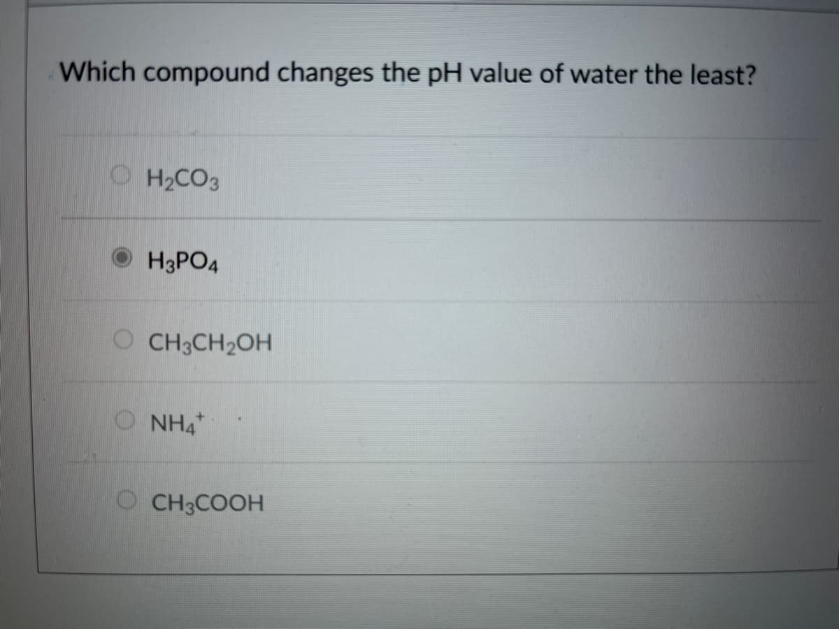 Which compound changes the pH value of water the least?
O H2CO3
O H3PO4
O CH3CH2OH
O NH4
O CH3COOH
