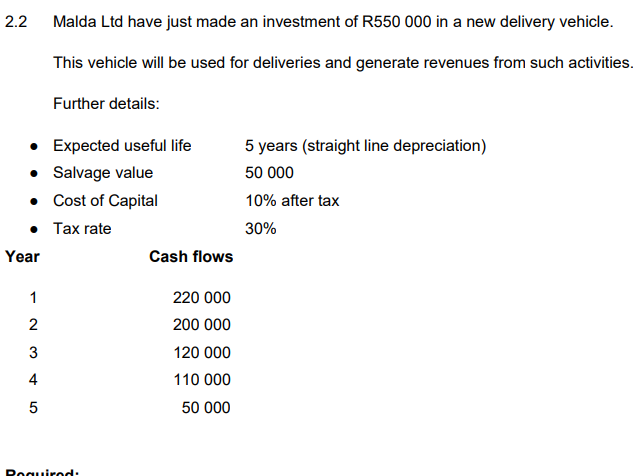 2.2
Malda Ltd have just made an investment of R550 000 in a new delivery vehicle.
This vehicle will be used for deliveries and generate revenues from such activities.
Further details:
• Expected useful life
• Salvage value
• Cost of Capital
5 years (straight line depreciation)
50 000
10% after tax
• Tax rate
30%
Year
Cash flows
1
220 000
2
200 000
3
120 000
4
110 000
50 000
Roguirod:
