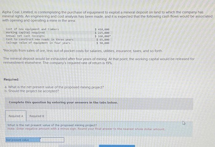 Alpha Coal, Limited, is contemplating the purchase of equipment to exploit a mineral deposit on land to which the company has
mineral rights. An engineering and cost analysis has been made, and it is expected that the following cash flows would be associated
with opening and operating a mine in the area:
Cost of new equipment and timbers
Working capital required.
Annual net cash receipts
Cost to construct new roads in three years
Salvage value of equipment in four years
*Receipts from sales of ore, less out-of-pocket costs for salaries, utilities, insurance, taxes, and so forth.
The mineral deposit would be exhausted after four years of mining. At that point, the working capital would be released for
reinvestment elsewhere. The company's required rate of return is 19%.
$ 410,000
$225,000
$ 160,000
Required:
a. What is the net present value of the proposed mining project?
b. Should the project be accepted?
Required A
Complete this question by entering your answers in the tabs below.
$ 65,000
$ 90,000
Required B
Net present value
What is the net present value of the proposed mining project?
Note: Enter negative amount with a minus sign. Round your final answer to the nearest whole dollar amount.
M