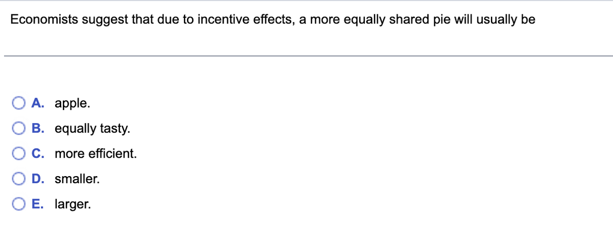 Economists suggest that due to incentive effects, a more equally shared pie will usually be
A. apple.
B. equally tasty.
C. more efficient.
D. smaller.
E. larger.