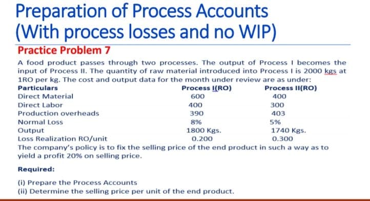 Preparation of Process Accounts
(With process losses and no WIP)
Practice Problem 7
A food product passes through two processes. The output of Process I becomes the
input of Process II. The quantity of raw material introduced into Process I is 2000 kgs at
1RO per kg. The cost and output data for the month under review are as under:
Process I(RO)
600
Particulars
Process II(RO)
400
Direct Material
Direct Labor
Production overheads
400
300
390
403
Normal Loss
8%
5%
Output
Loss Realization RO/unit
The company's policy is to fix the selling price of the end product in such a way as to
yield a profit 20% on selling price.
1800 Kgs.
1740 Kgs.
0.200
0.300
Required:
(i) Prepare the Process Accounts
(ii) Determine the selling price per unit of the end product.
