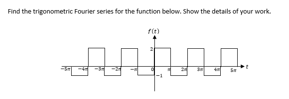 Find the trigonometric Fourier series for the function below. Show the details of your work.
2
ਚਖੰ
-27
-5m
f(t)
-1
2m
ਤੇ
=
57