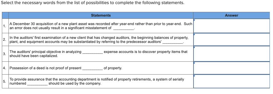 Select the necessary words from the list of possibilities to complete the following statements.
Statements
1.
A December 30 acquisition of a new plant asset was recorded after year-end rather than prior to year-end. Such
an error does not usually result in a significant misstatement of
2.
In the auditors' first examination of a new client that has changed auditors, the beginning balances of property,
plant, and equipment accounts may be substantiated by referring to the predecessor auditors'
expense accounts is to discover property items that
3.
The auditors' principal objective in analyzing
should have been capitalized.
4. Possession of a deed is not proof of present
of property.
5.
To provide assurance that the accounting department is notified of property retirements, a system of serially
numbered
should be used by the company.
Answer