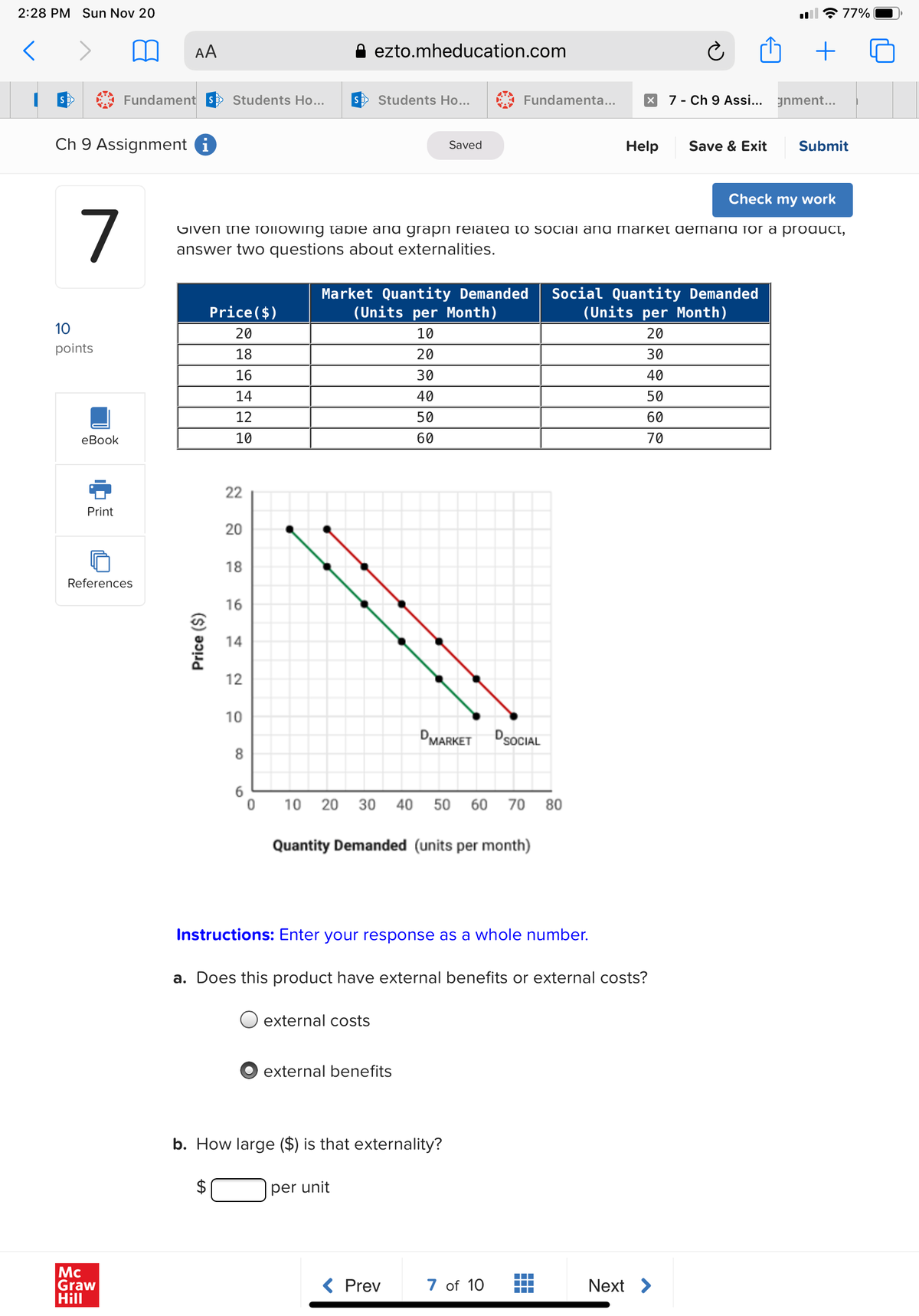 2:28 PM Sun Nov 20
<
7
Ch 9 Assignment i
10
points
eBook
Print
AA
Fundament si Students Ho...
References
Mc
Graw
Hill
Price ($)
Price ($)
20
18
16
14
12
10
22
LA
20
18
16
14
12
10
Check my work
Given the following table and grapn related to social and market demand for a product,
answer two questions about externalities.
8
6
ezto.mheducation.com
s Students Ho...
Market Quantity Demanded
(Units per Month)
10
20
30
40
50
60
external costs
Saved
external benefits
per unit
10 20 30 40 50 60 70 80
Quantity Demanded (units per month)
b. How large ($) is that externality?
Fundamenta...
DMARKET D SOCIAL
Instructions: Enter your response as a whole number.
a. Does this product have external benefits or external costs?
Prev
X 7 - Ch 9 Assi...
7 of 10
Help
Social Quantity Demanded
(Units per Month)
20
30
40
50
60
70
Save & Exit
Next >
☎77%
+
gnment...
Submit