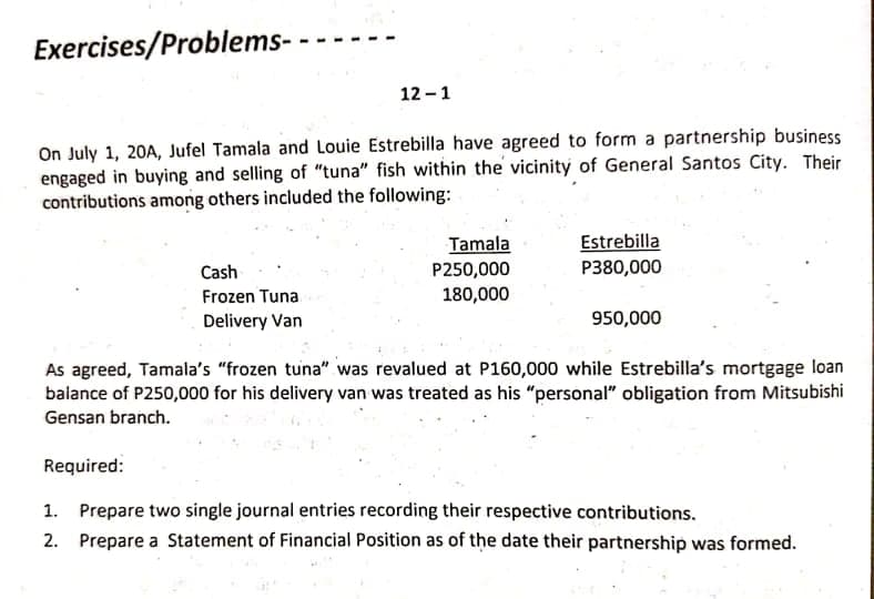 Exercises/Problems-
On July 1, 20A, Jufel Tamala and Louie Estrebilla have agreed to form a partnership business
engaged in buying and selling of "tuna" fish within the vicinity of General Santos City. Their
contributions among others included the following:
12-1
Cash
Frozen Tuna
Delivery Van
Required:
Tamala
P250,000
180,000
Estrebilla
P380,000
950,000
As agreed, Tamala's "frozen tuna" was revalued at P160,000 while Estrebilla's mortgage loan
balance of P250,000 for his delivery van was treated as his "personal" obligation from Mitsubishi
Gensan branch.
1. Prepare two single journal entries recording their respective contributions.
2. Prepare a Statement of Financial Position as of the date their partnership was formed.