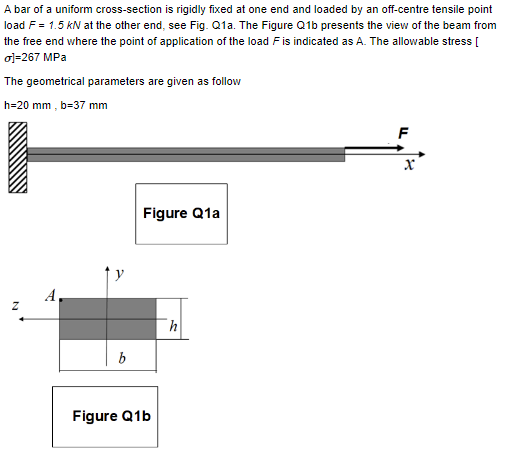 A bar of a uniform cross-section is rigidly fixed at one end and loaded by an off-centre tensile point
load F = 1.5 kN at the other end, see Fig. Q1a. The Figure Q1b presents the view of the beam from
the free end where the point of application of the load F is indicated as A. The allowable stress [
o]=267 MPa
The geometrical parameters are given as follow
h=20 mm, b=37 mm
Z
A.
T
b
Figure Q1a
Figure Q1b
h
F